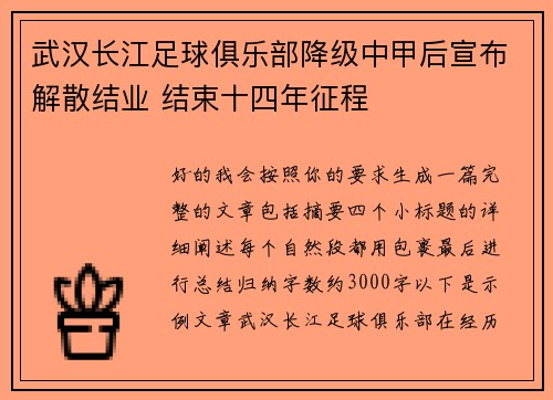 武汉长江足球俱乐部降级中甲后宣布解散结业 结束十四年征程