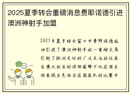 2025夏季转会重磅消息费耶诺德引进澳洲神射手加盟